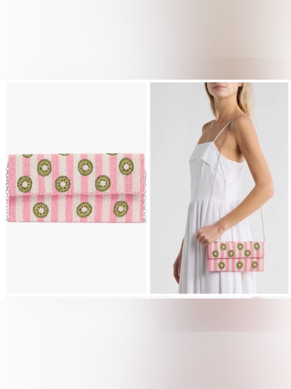 Pink Striped Beaded Clutch with Kiwi Motifs